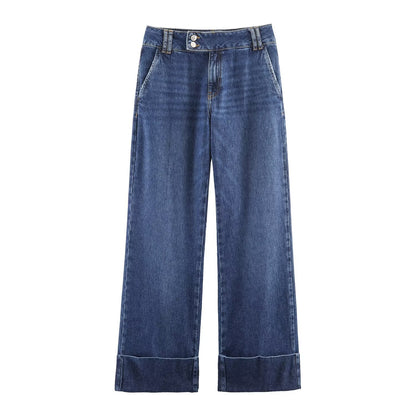 Straight tube loose low waist rolled hem jeans