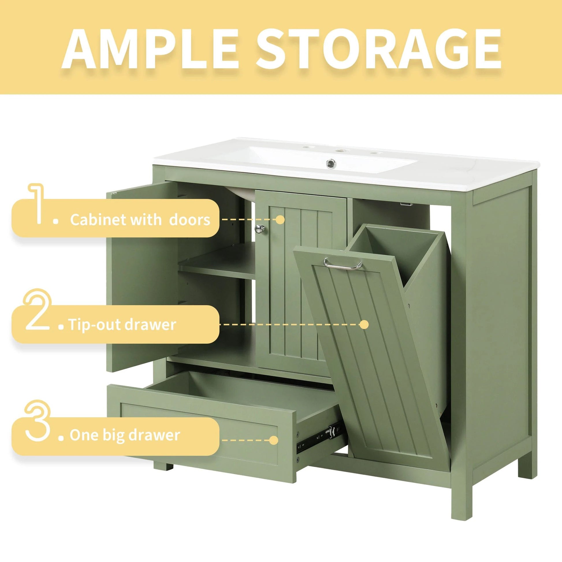 36 inch bathroom vanity with sink, one double door cabinet one large drawer and one flip drawer solid wood and MDF board, green by eprolo