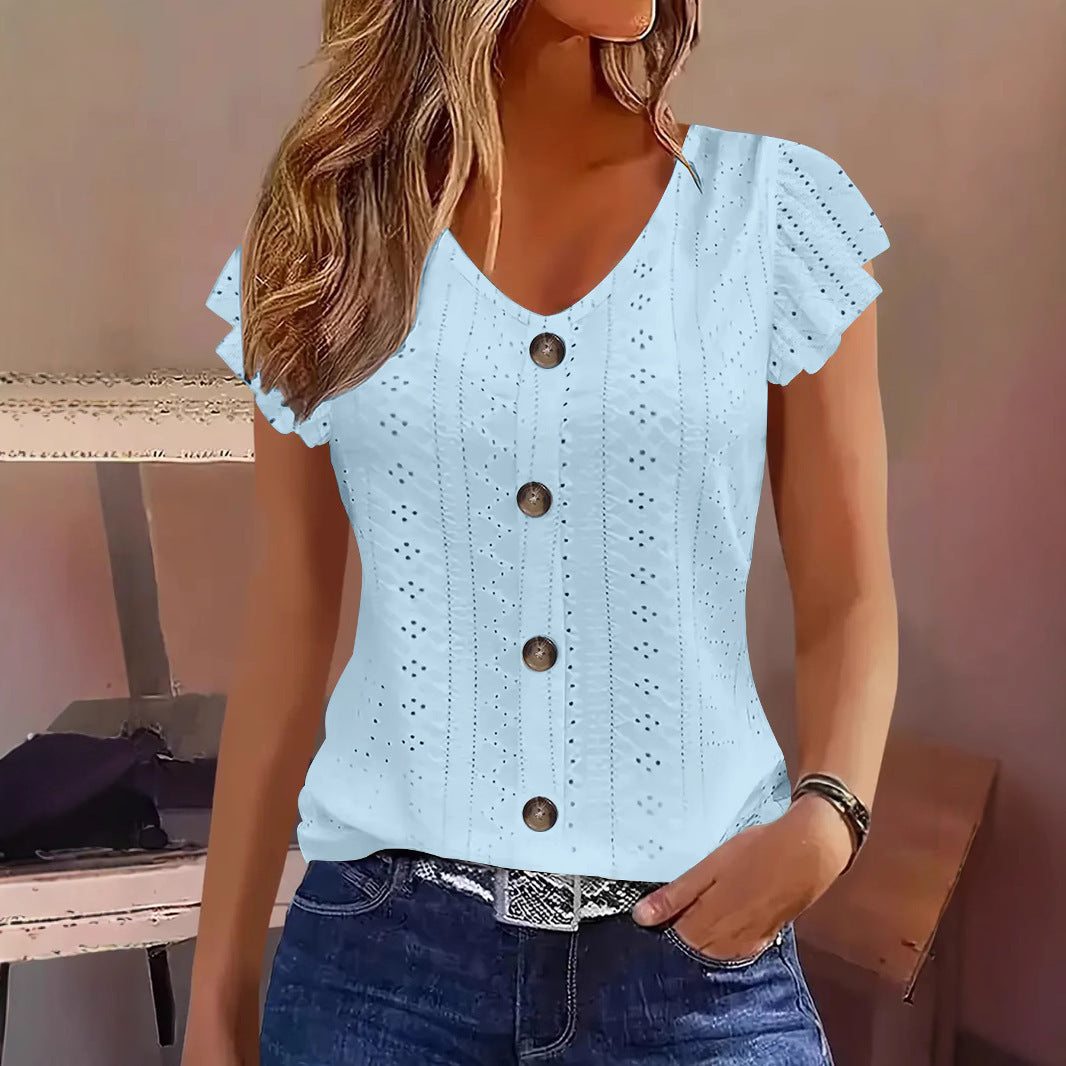 Camiseta de manga larga con cuello de pico y botones, jacquard de color liso