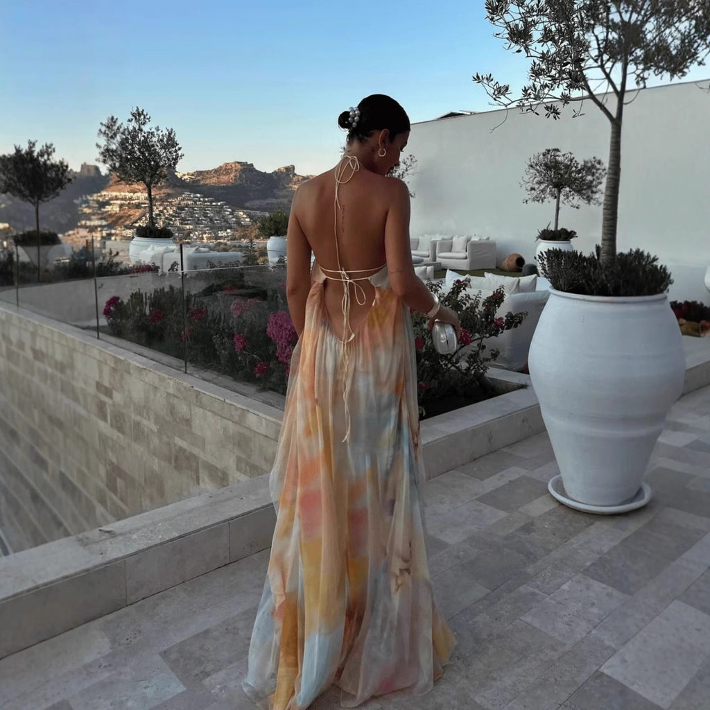Printed, Loose-Fitting Halterneck Backless Resort Dress
