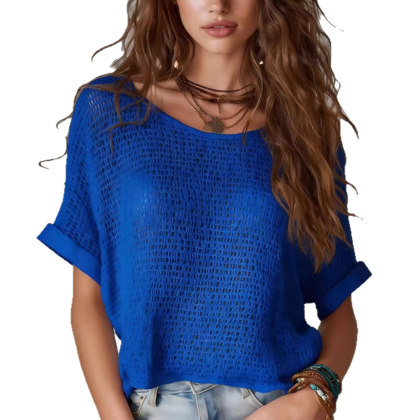 Pull en maille unie à manches courtes pour femme