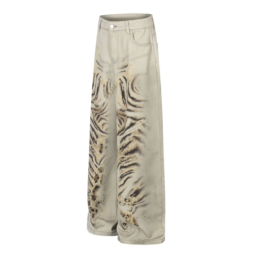 Print Distressed Denim Pants Unisex Loose Wide Leg High Street Trendy Straight Leg Floor-Length Trousers