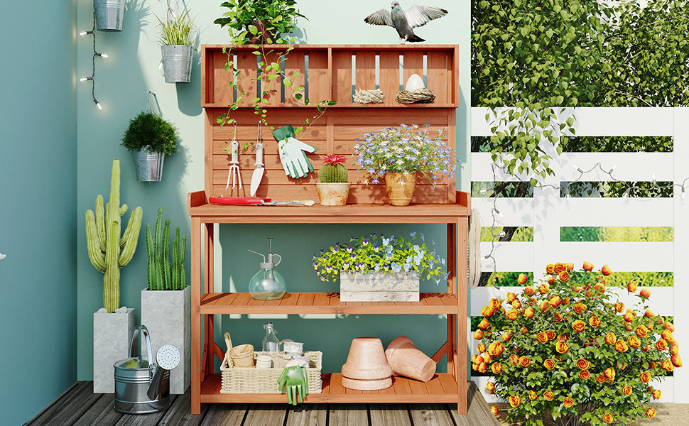 Table de rempotage de jardin rustique de ferme en bois de 65 po avec 4 étagères de rangement et crochet latéral, naturelle