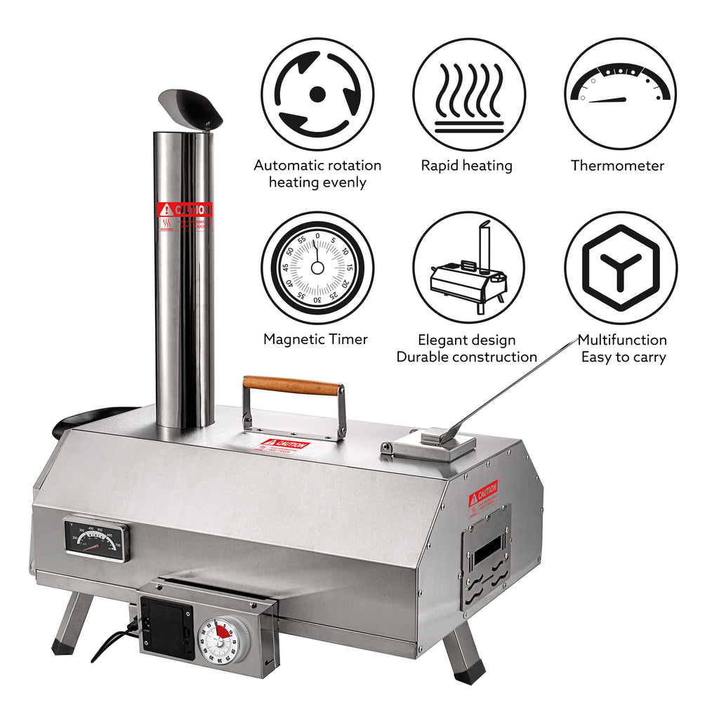 Horno de pizza de acero inoxidable para exteriores de 12", giratorio automático, portátil, de leña, para hacer pizza con temporizador