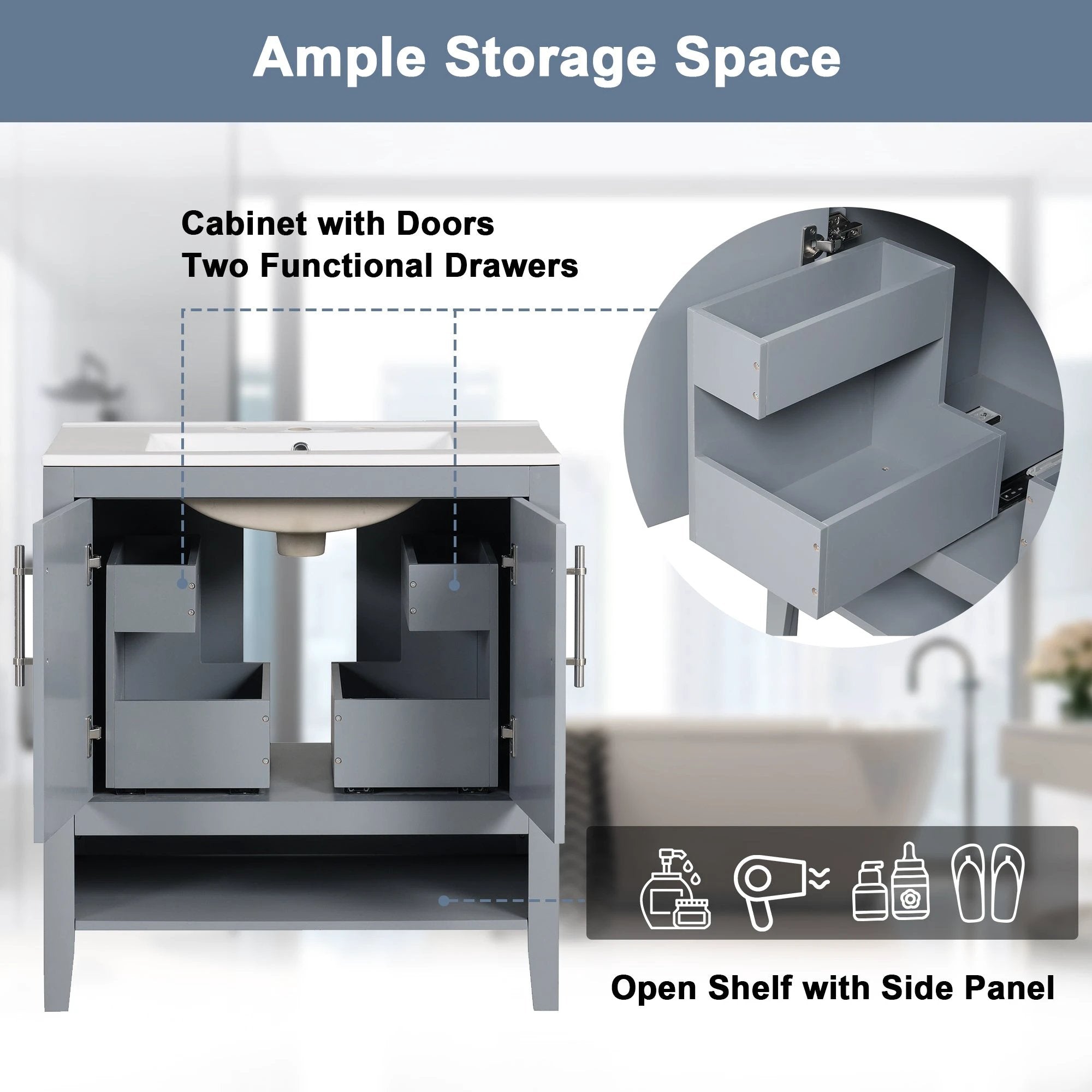 30" Bathroom Vanity with Sink, Multi-functional Bathroom Cabinet with Doors and Drawers, Solid Frame and MDF Board, Grey by eprolo