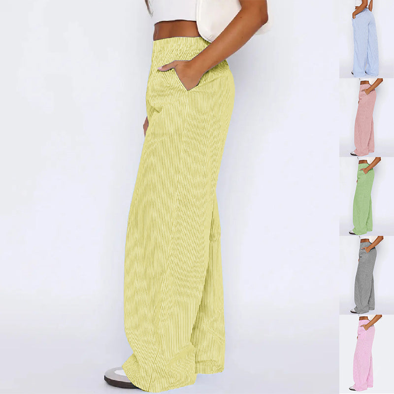 Pantalones de rayas con bolsillos Ins Pantalones anchos rectos informales de moda para mujer