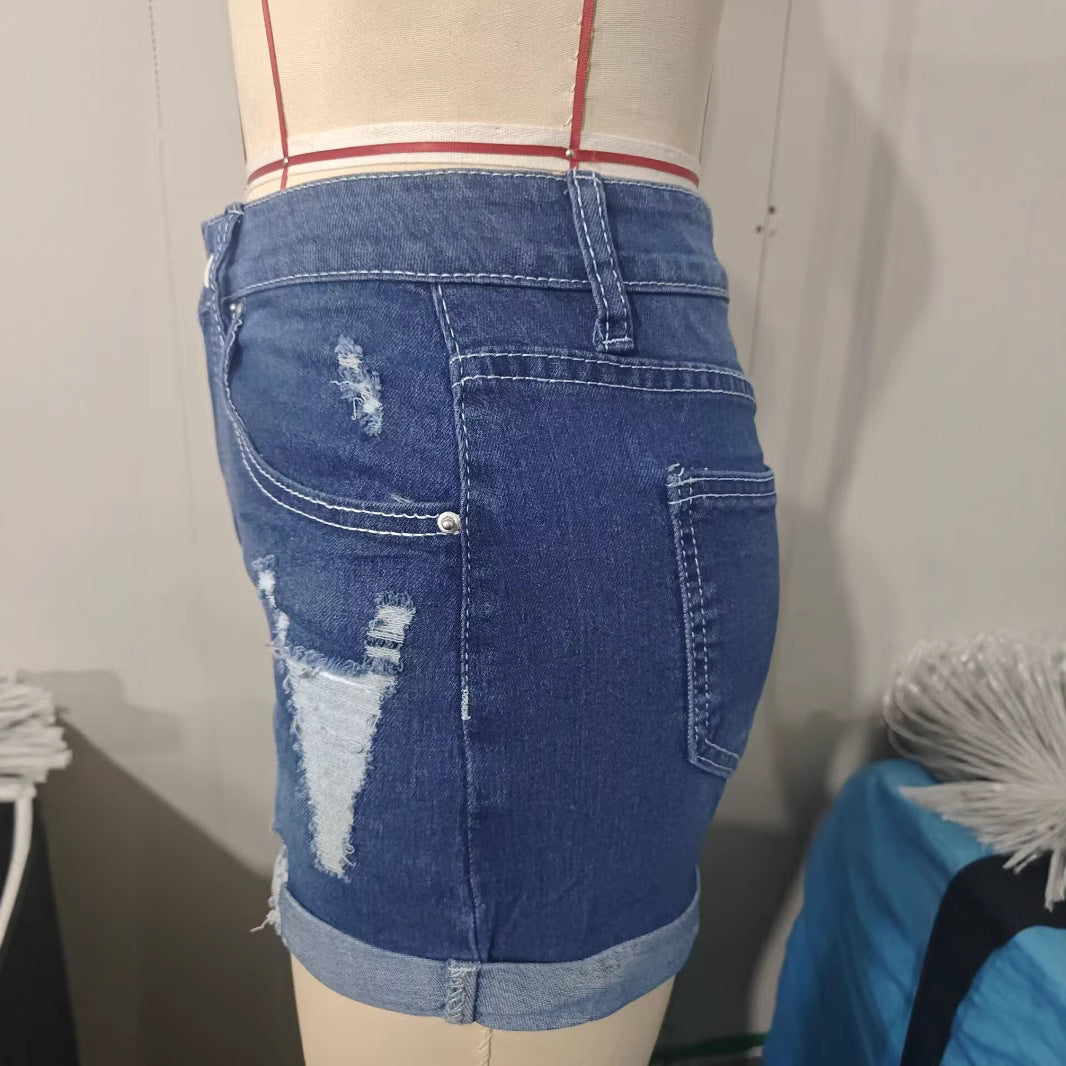 Elastic Hole Denim Shorts for Women