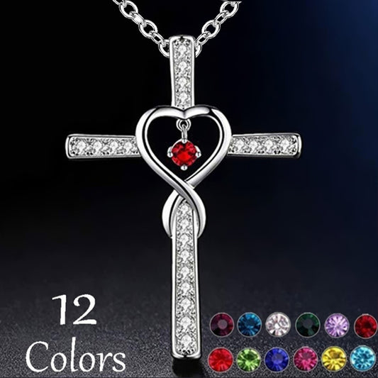 Infinito Amor Dios Confiamos Cruz Cristiana Piedra Natal Collar Colgante Gemas de Color Circón Corazón Collar Joyería para Mujer