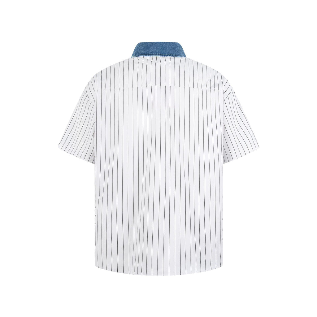 Cat embroidery vertical stripe short sleeved shirt