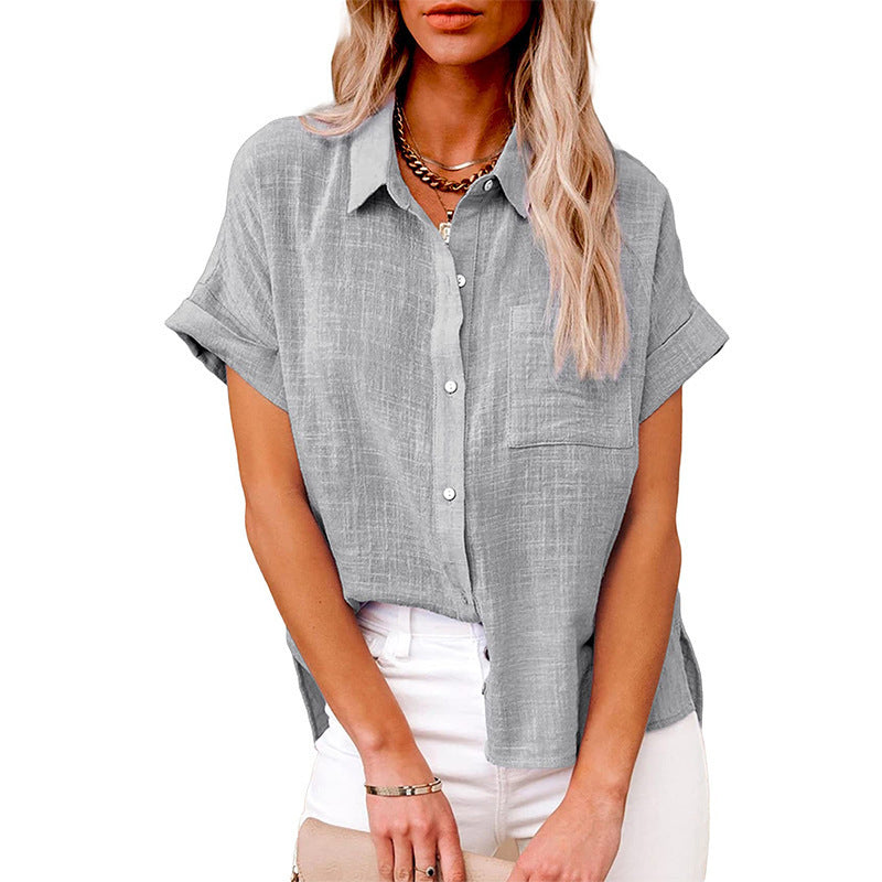 Chemisier Femme Coton Lin Décontracté Manches Courtes à Poche