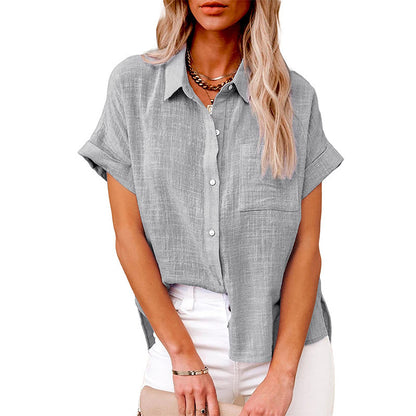 Chemisier Femme Coton Lin Décontracté Manches Courtes à Poche