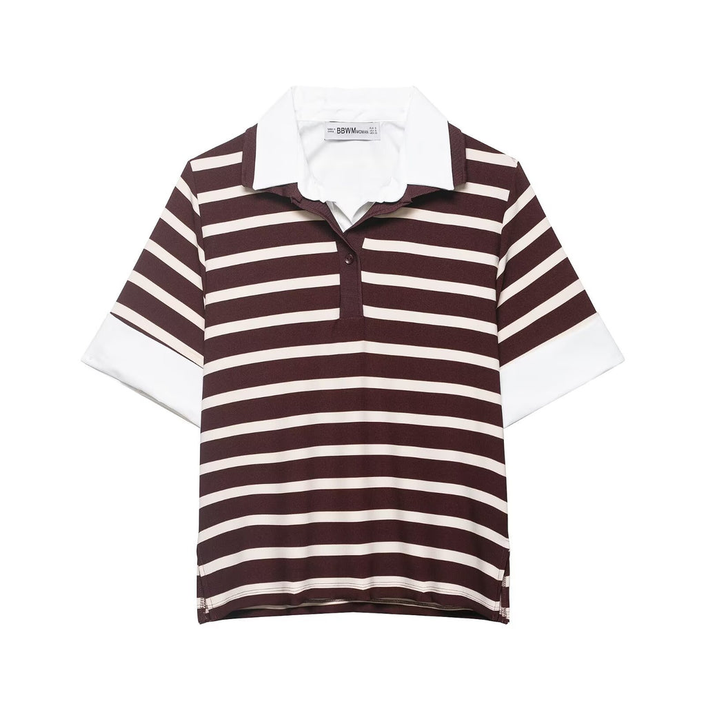 Striped patchwork polo shirt collar top