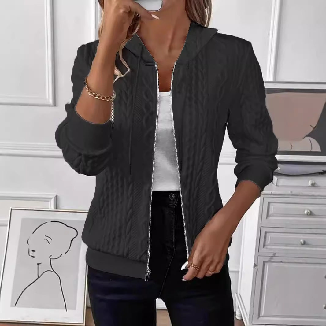 Manteau à capuche zippé en tricot à manches longues de couleur unie
