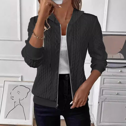 Manteau à capuche zippé en tricot à manches longues de couleur unie