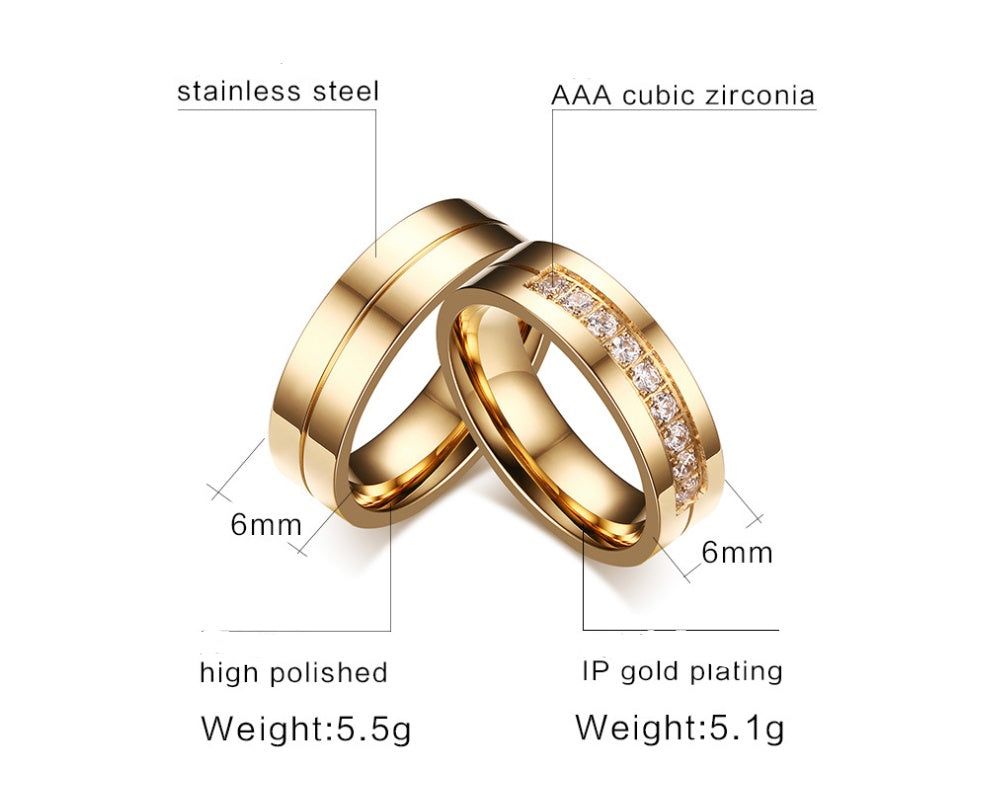 Bague de couple en acier titane simple, bague plaquée or, bijoux en diamant
