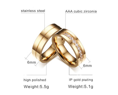 Bague de couple en acier titane simple, bague plaquée or, bijoux en diamant