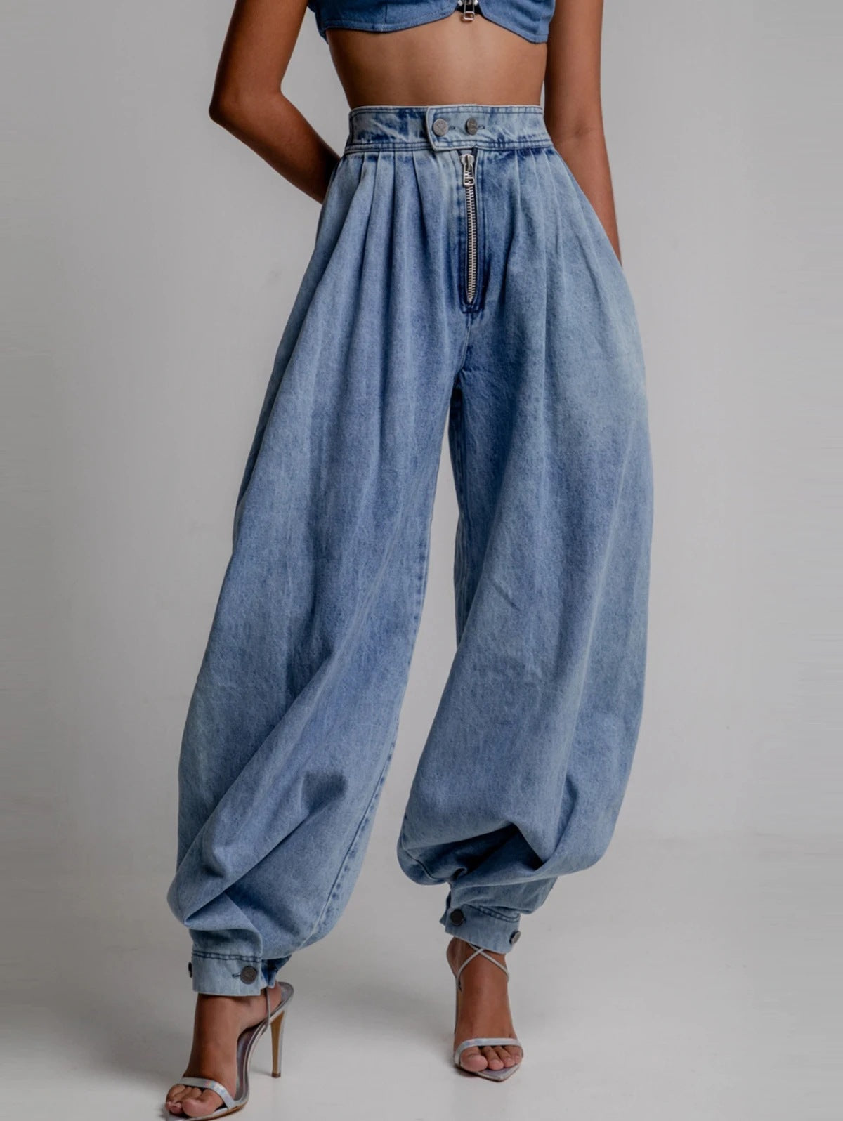 Pantalon Sarouel en Jean Ample Taille Haute avec Fermeture Éclair
