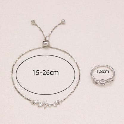 2 bracelets et bague à feuille en zircon et cristal œil de cheval argenté, bracelet ajustable convenant aux tenues quotidiennes et de vacances des femmes