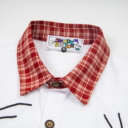 Cat Embroidered Checkered Shirt