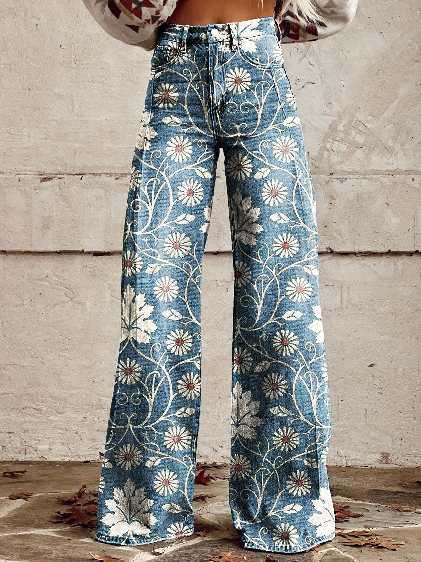 Pantalones de pata ancha, transferencia térmica, tipo campana, simulación de vaqueros