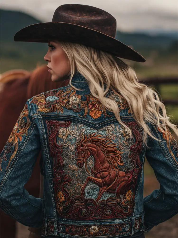 Autumn Retro Washed Long-Sleeve Denim Jacket with ornate back embroidery featuring a horse and florals.