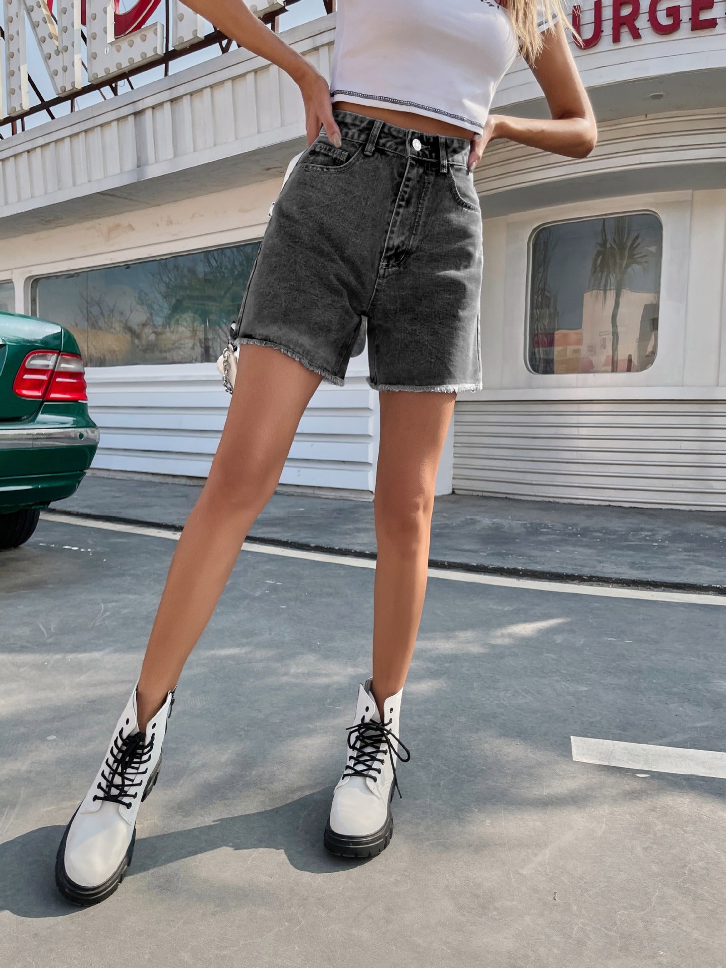 Pantalones cortos de mezclilla casuales sueltos de talle alto para mujer