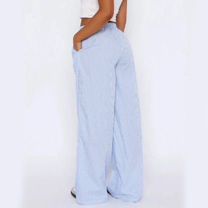 Pantalones de rayas con bolsillos Ins Pantalones anchos rectos informales de moda para mujer