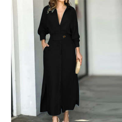 Robe chemise élégante à manches longues, unie et cintrée pour femme