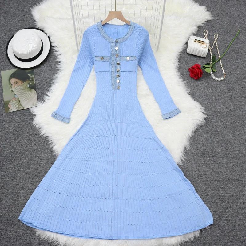 Autumn/Winter New Long Sleeve Denim Knit Maxi Dress, Simple Short Sleeve Long Dress, Slim Fit Sweater Dress V-Neck by eprolo