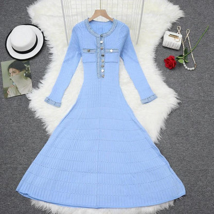 Autumn/Winter New Long Sleeve Denim Knit Maxi Dress, Simple Short Sleeve Long Dress, Slim Fit Sweater Dress V-Neck by eprolo