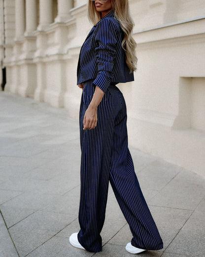 Trajes de rayas de moda primaveral para mujer, tops cortos casuales de manga larga con solapa y pantalones rectos, ropa de mujer