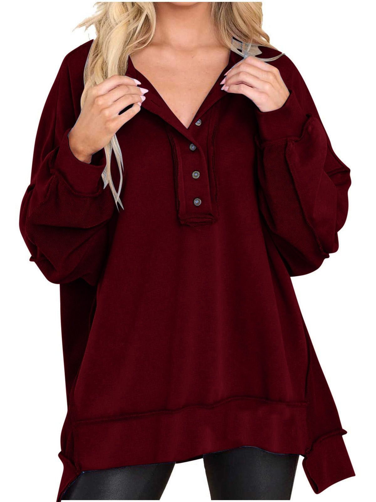 Nueva blusa de color liso con cuello redondo para mujer