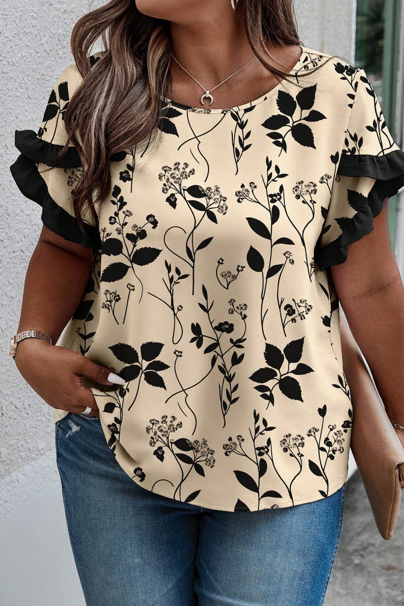 Cuello Redondo Manga Costura Pliegues Estampado Manga Corta Informal