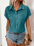 Haut chemise T-shirt à manches courtes, revers plissé aux épaules, avec poche, pour femme