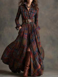 Vestido largo de manga larga con estampado a cuadros Ins, bolsillos de moda, cuello, botones, camisa, vestidos largos, ropa retro para mujer