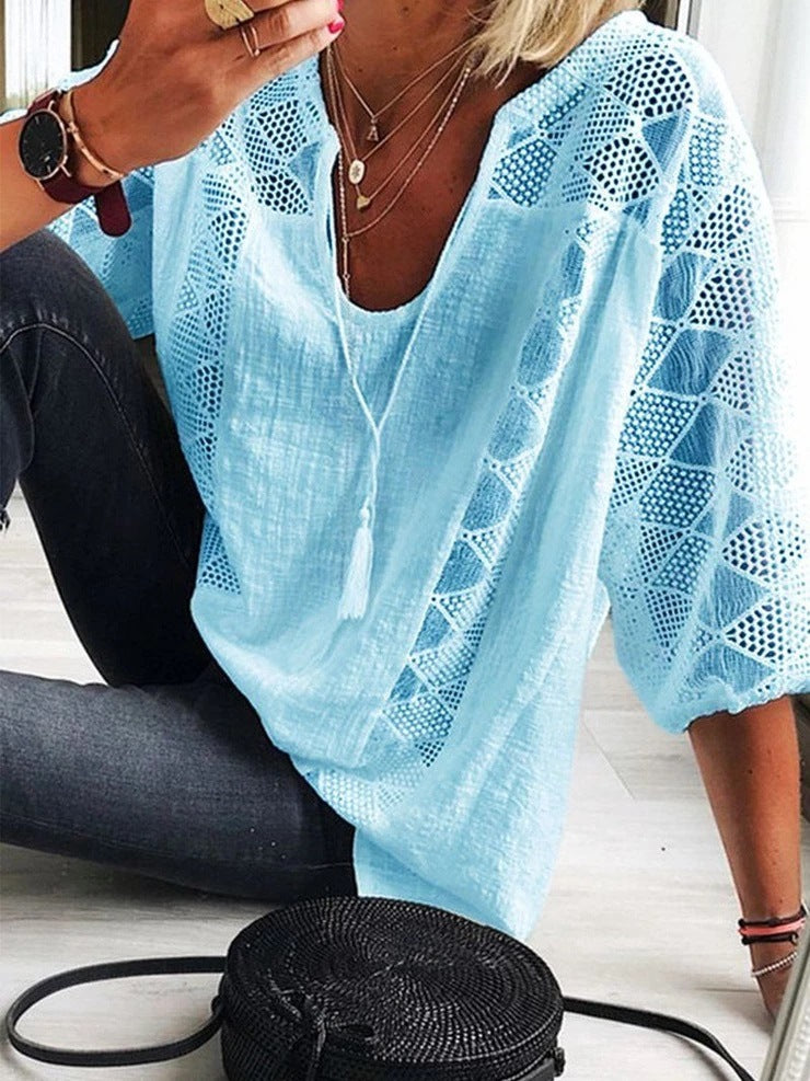 T-shirt Col U Manches 3/4 en Dentelle