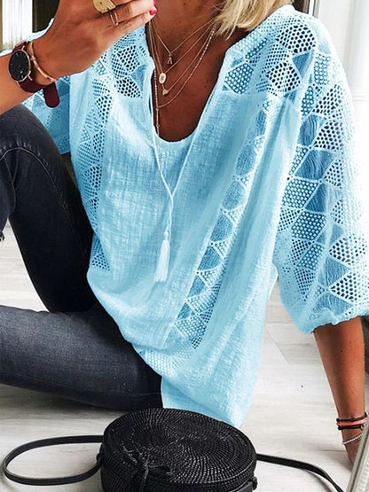 T-shirt Col U Manches 3/4 en Dentelle