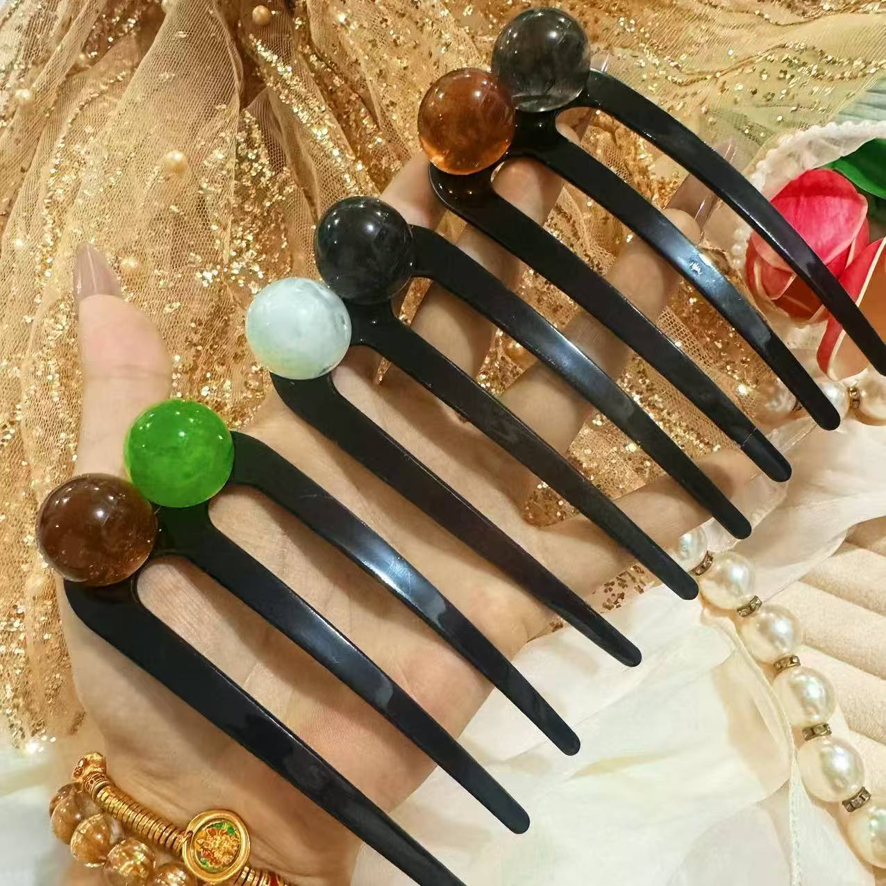 Simple Beads Three-tooth Hairpin For Women All-matching Graceful