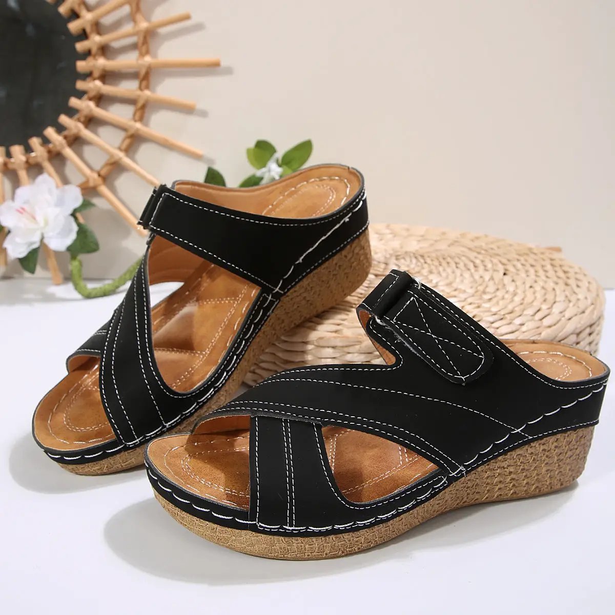 Pair of AdTec Sewing Line Lightweight Wedge Velcro Shoes, black with cork wedge sole