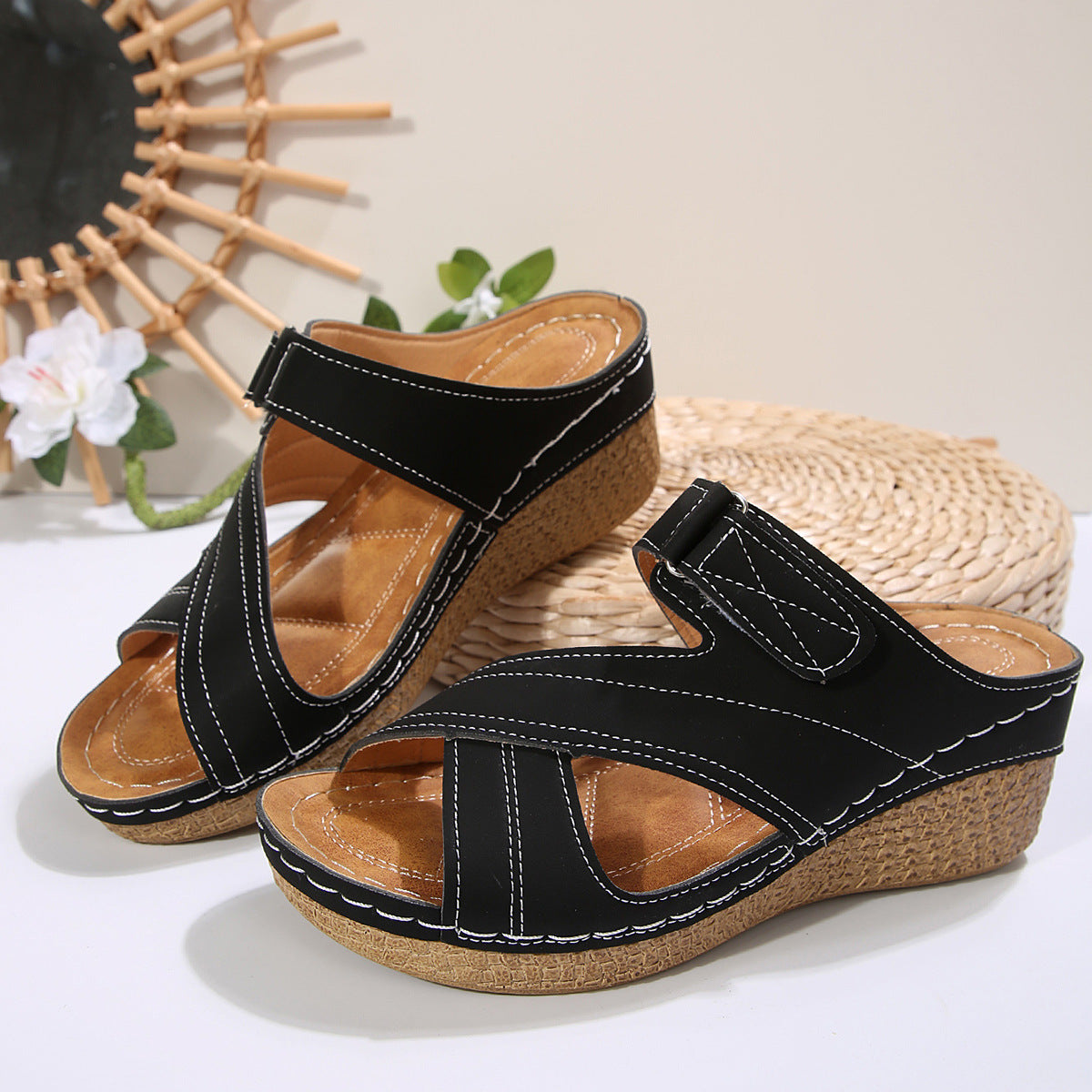 Chaussures multicolores compensées légères à velcro, ligne de couture
