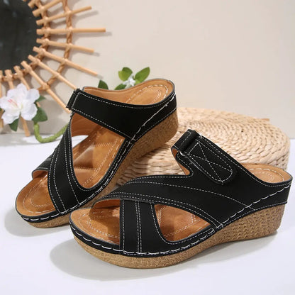 Pair of AdTec Sewing Line Lightweight Wedge Velcro Shoes, black with cork wedge sole