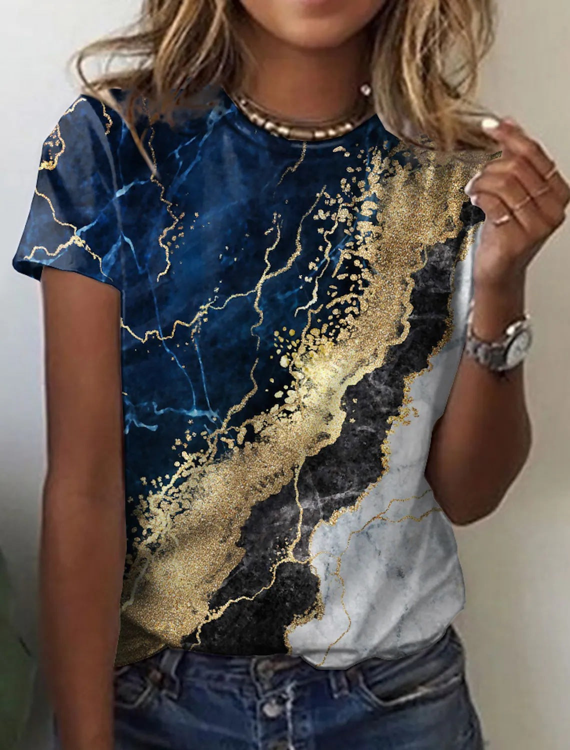 Manga corta con estampado retro abstracto para mujer de la nueva colección europea y americana
