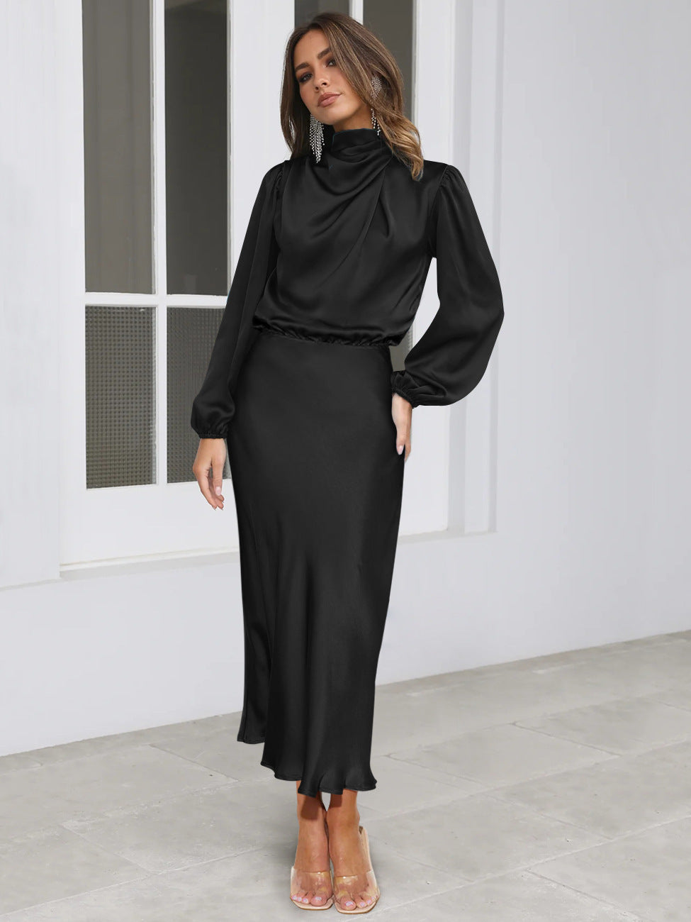 Vestido elegante de temperamento de manga larga, satén, cuello halter, vestidos de noche formales, ropa de mujer