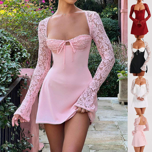 Robe courte Y2K en dentelle à manches longues, mode sexy, bustier dos nu, à lacer, vêtements pour femmes