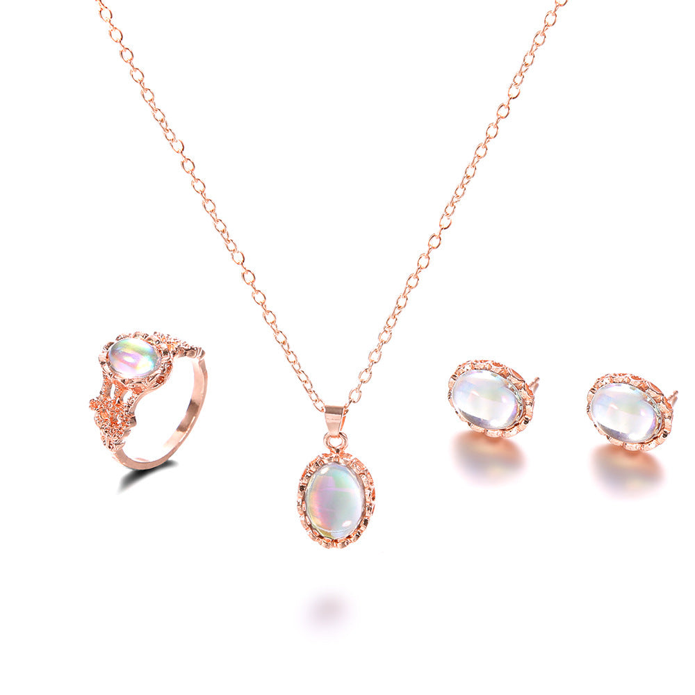 Parure de bijoux tendance avec pierres précieuses éblouissantes, style européen, et nouvel ensemble collier boucles d'oreilles bague