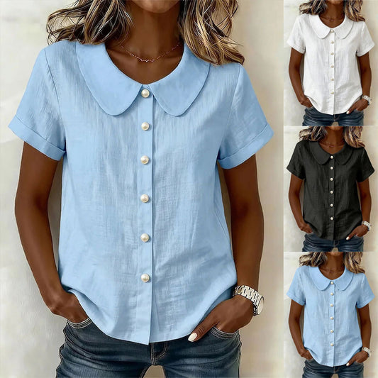 Camisa de manga corta de algodón y lino lisa, holgada e informal para mujer