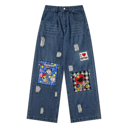 Jeans usés à broderies de dessins animés
