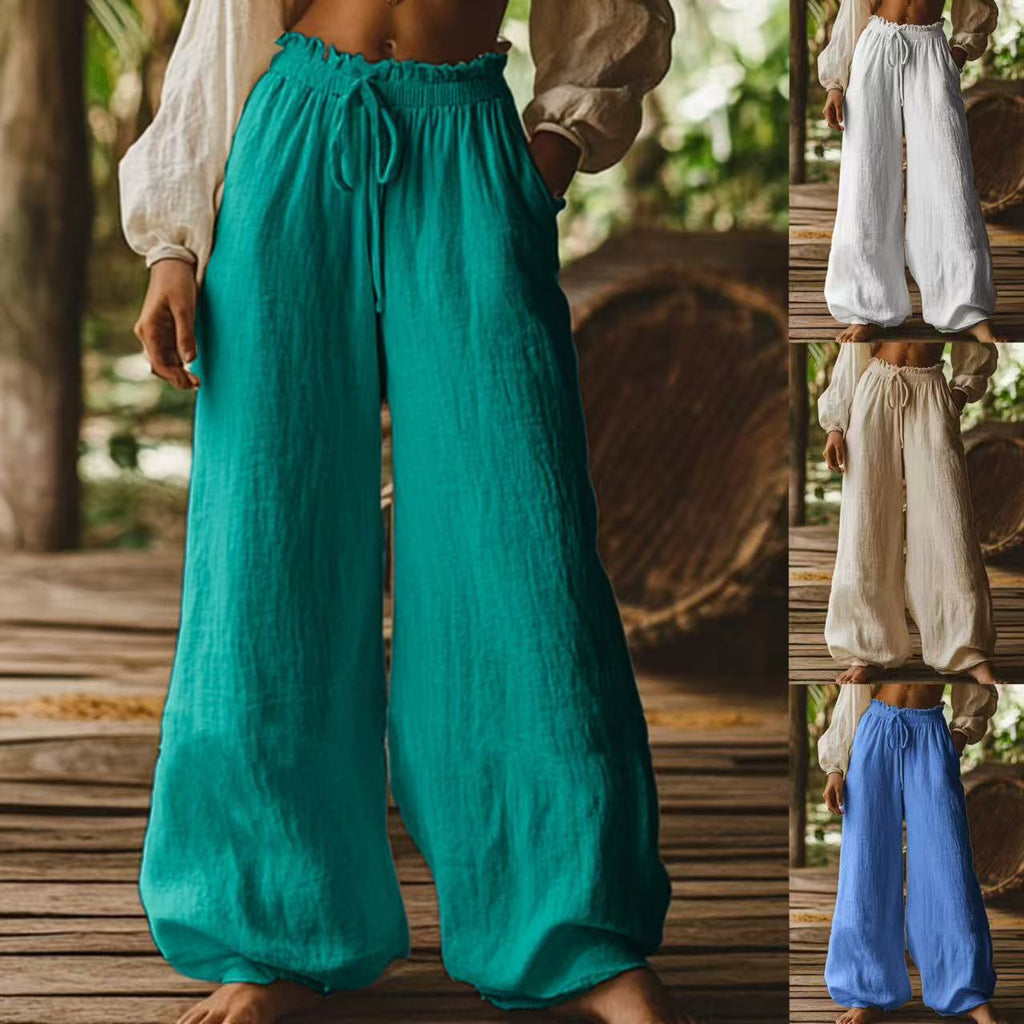 Pantalon ample décontracté de style artistique avec poches, cordon de serrage et taille élastique