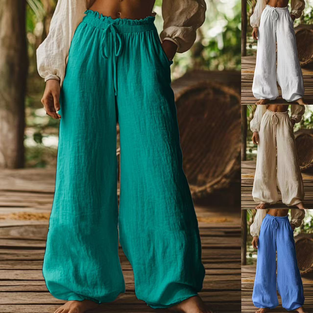Pantalon ample décontracté de style artistique avec poches, cordon de serrage et taille élastique