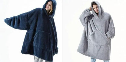 AdTec hoodie sweatshirt with oversized pocket, two navy and gray fleece wearable blankets, loose fit